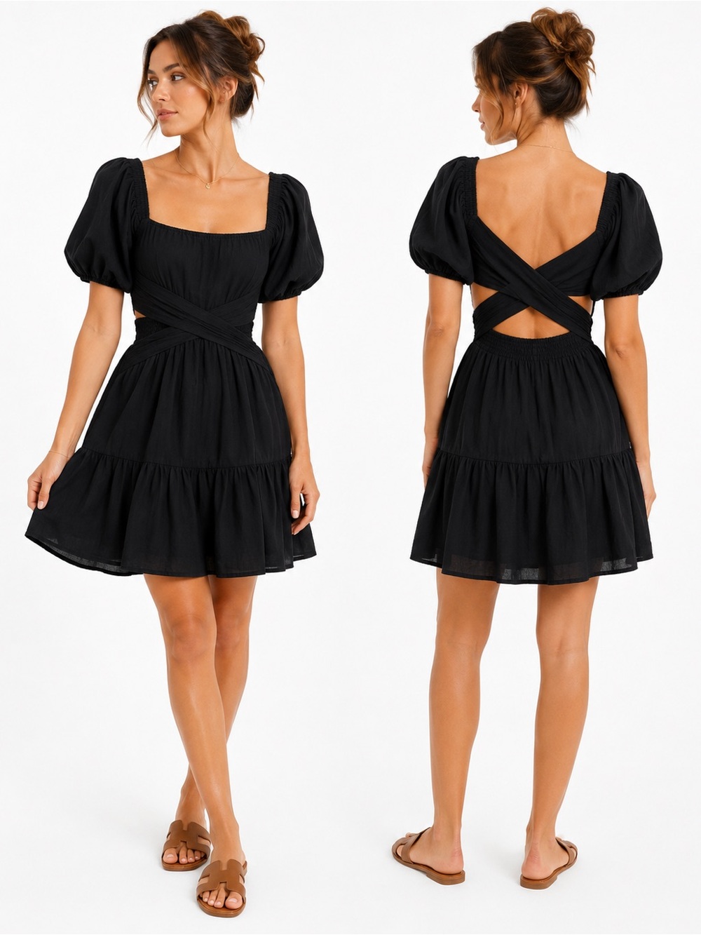 NWT Shy Velvet Black Twist Front Cutout Puff Sleeve Midi Dress XL